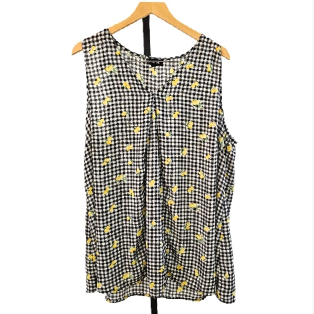 Tacera Black & White Gingham Sleeveless Top with Yellow Floral Print
